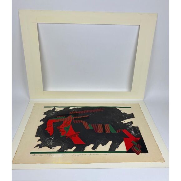 Vtg 1977 Mask Wood Block Print Japanese Kunihiro Amano Signed Numbered Framed - Picture 10 of 16